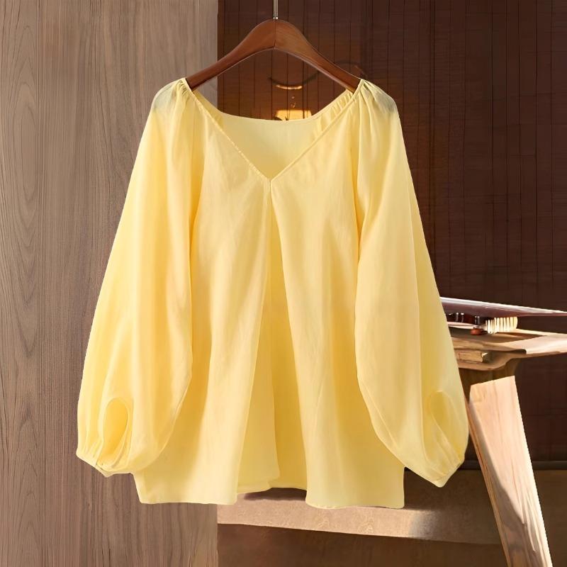 の 有名の 婦人服の 黄色の リネンの ゆったり ランタン スリーブの ラウンドネックの トップス シャツ 薄手 シャツ 女性