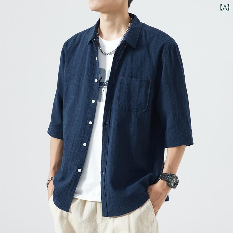 リネン2333mmの袖付きシャツメンズ夏のレトロ単色のポケット付きシャツコットン麻のシワリがないカジュアル半袖トップス。