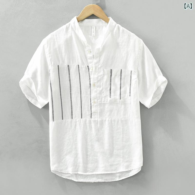 麻の素材を使用した短袖Tシャツ。夏の男性向け。立て襟が特徴でストライプとポロシャツ組み合わせ。リネン生地の衣服。