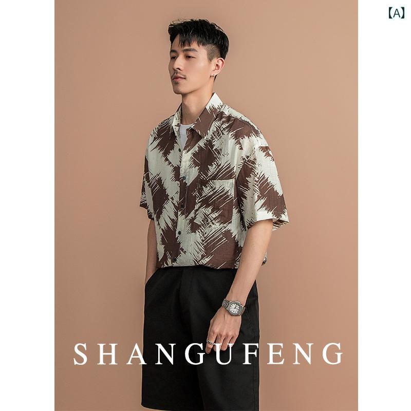 SHANGUFENGのファッションながらも個性的なのリネンショートスリーブフラワーシャツは男性向けカジュアルで涼しいリゾート風のハーフスリーブシャツです。｜バランスケア　店 7,980円