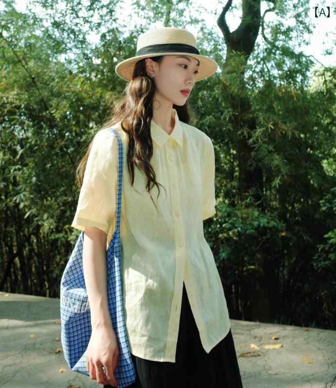 日系レトロな麻色の半袖シャツ夏向けゆったりとした襟付き薄手のシャツブラウストップス。