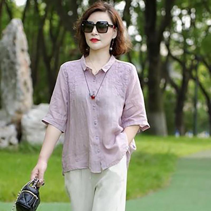 リネンシャツ 半袖 麻シャツ 夏 サマー 涼しい ファッション カジュアル 通気性 薄手 レディース コットン 女性 グリーン パープル ピンク