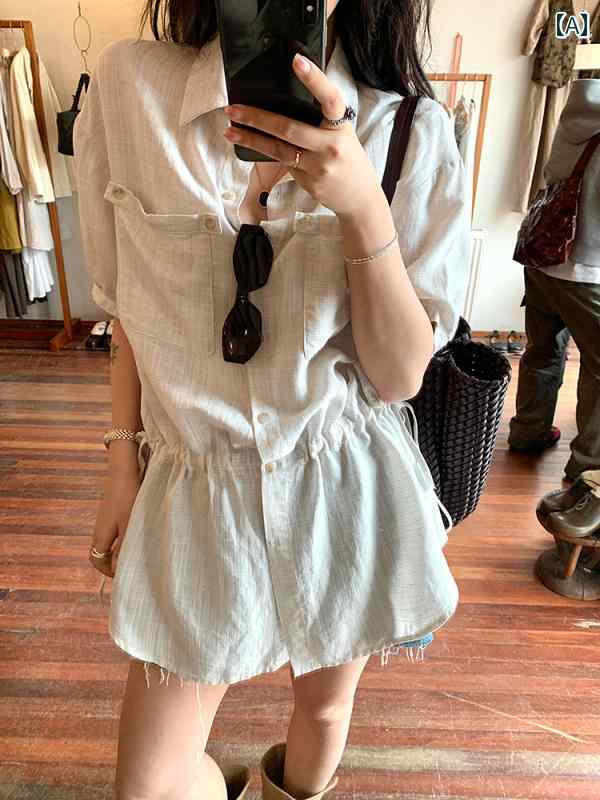 DaqianwithUの白色リネンポケット付きシャツワンピースは夏にぴったりの薄手でゆったりしたカジュアル半袖シャツです。