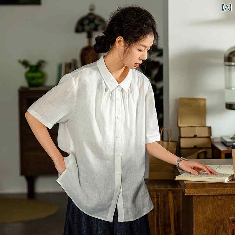側面細長い切口入り口・入口ののリネン原料品の真っ白いプルオーバー。レディース夏服で日本風のカジュアルトップス。ゆったりした襟と小っちゃい袖がその人の特徴のプルオーバー。