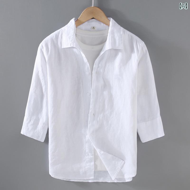 成人男性向けリネンプルオーバー。夏に至適な短袖中袖ゆったりした心地よい麻の服。