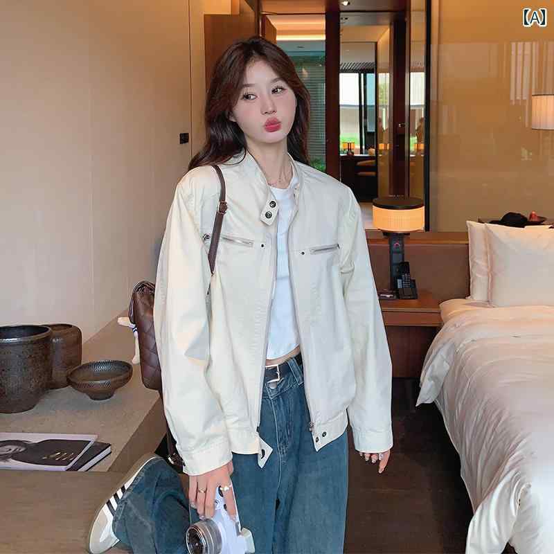 作業着 薄手 ジャケット 女性 春秋 2025 小さめ 韓国 カジュアル 個性 かっこいい ショート ストレート ショルダー ジャケット
