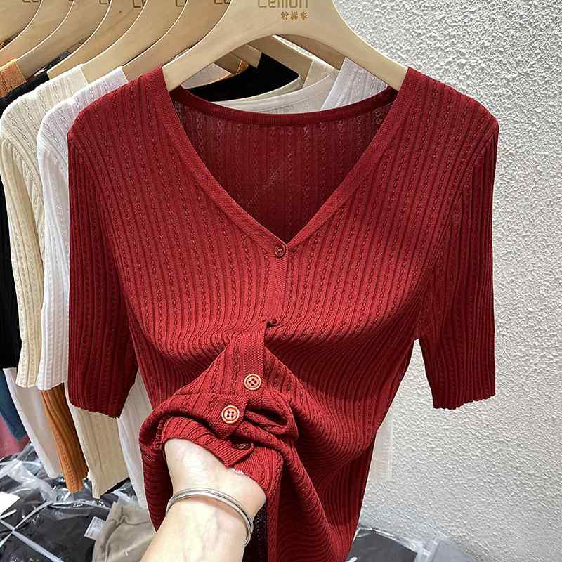 カットソー ロン Tシャツ ワッペン 女性 レディース 半袖 長袖 ファッション 夏 レッド カーディガン 薄手 アウター Vネック ニット トップス 赤 白 黒｜バランスケア　店