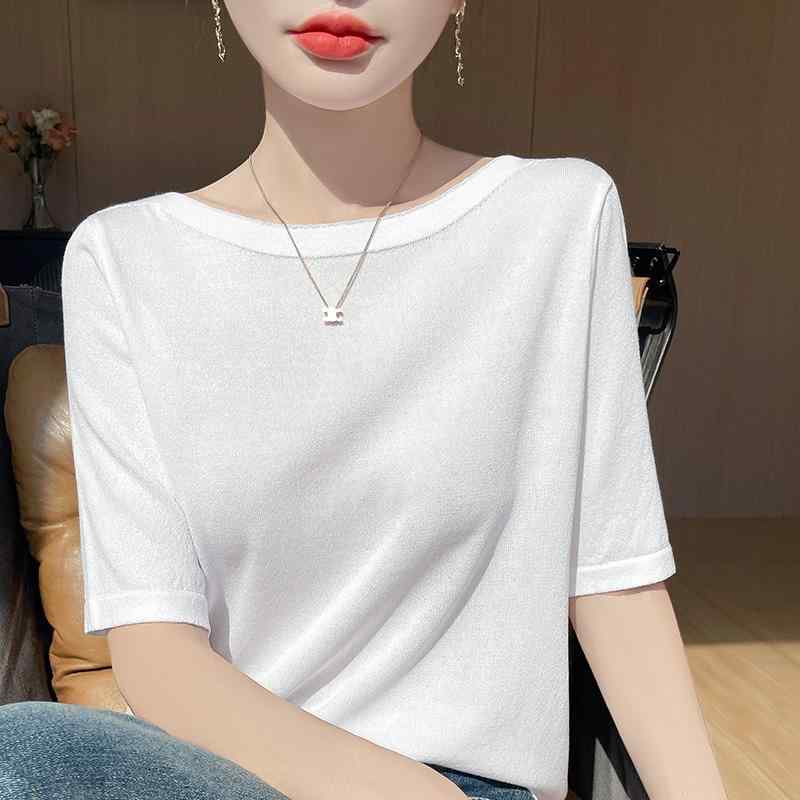 カットソー ロン Tシャツ ワッペン 女性 レディース 半袖 長袖 ファッション 夏用 冷感 薄手 スリムフィット ニット インナー ミドル スリーブ トップス ベージュ ピンク ホワイト