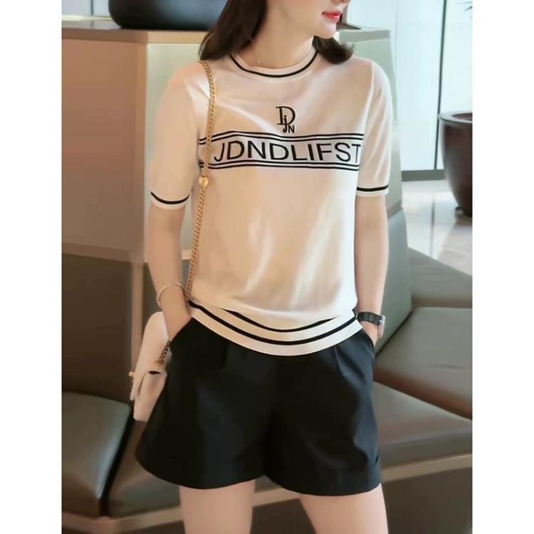 カットソー ロン Tシャツ ワッペン 女性 レディース 半袖 長袖 ファッション 夏 文字 刺繍 冷感 セーター 婦人 黒 紺 白