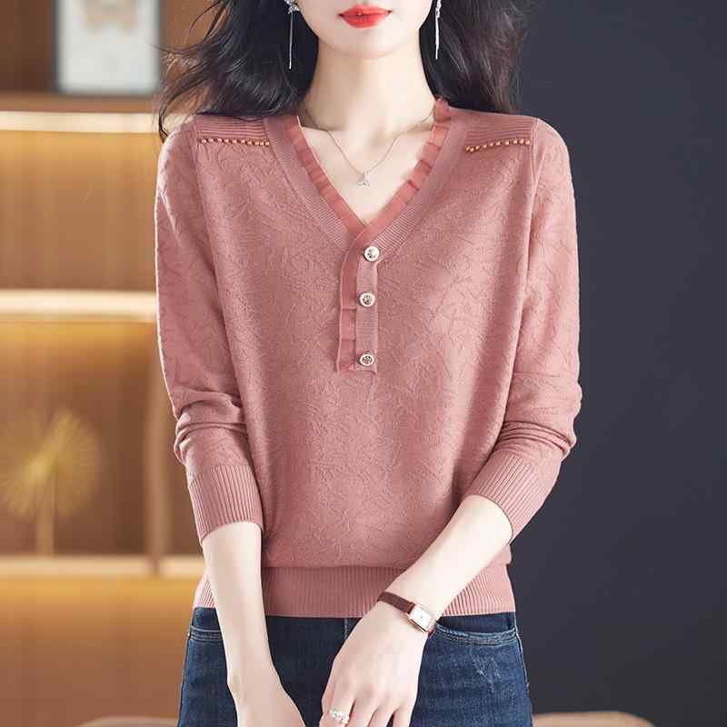 カットソー ロン Tシャツ ワッペン 女性 レディース 半袖 長袖 ファッション 春夏 Shengyuzhu 婦人 マルベリー シルク Vネック ニット セーター トップス ブラック ピンク ベージュ