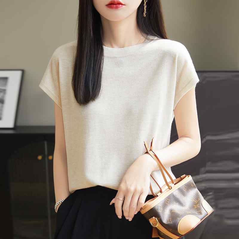 カットソー ロン Tシャツ ワッペン 女性 レディース 半袖 長袖 ファッション 夏 ラウンドネック 極細 ウール セーター 薄手 キャメル ホワイト ピンク グレー｜バランスケア　店