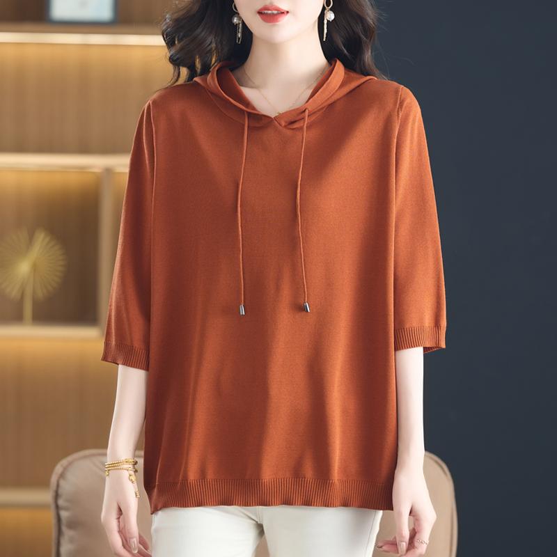 カットソー ロン Tシャツ ワッペン 女性 レディース 半袖 長袖 ファッション 春夏秋 マザー トップス 大きいサイズ ゆったり ニット セーター カジュアル ミドル スリーブ フード付き オレンジ 赤 紫