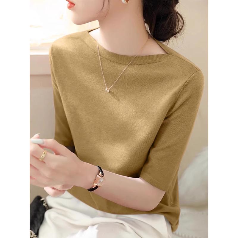 カットソー ロン Tシャツ ワッペン 女性 レディース 半袖 長袖 ファッション 夏秋 ニット ミドル スリーブ トップス パープル レッド ブラウン