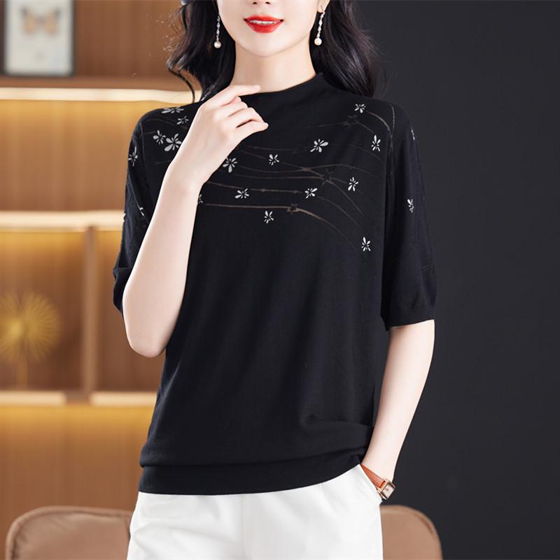 カットソー ロン Tシャツ ワッペン 女性 レディース 半袖 長袖 ファッション 春夏 母 ラウンドネック ニット トップス ゆったり ミドル スリーブ 薄手 ブラック 黒