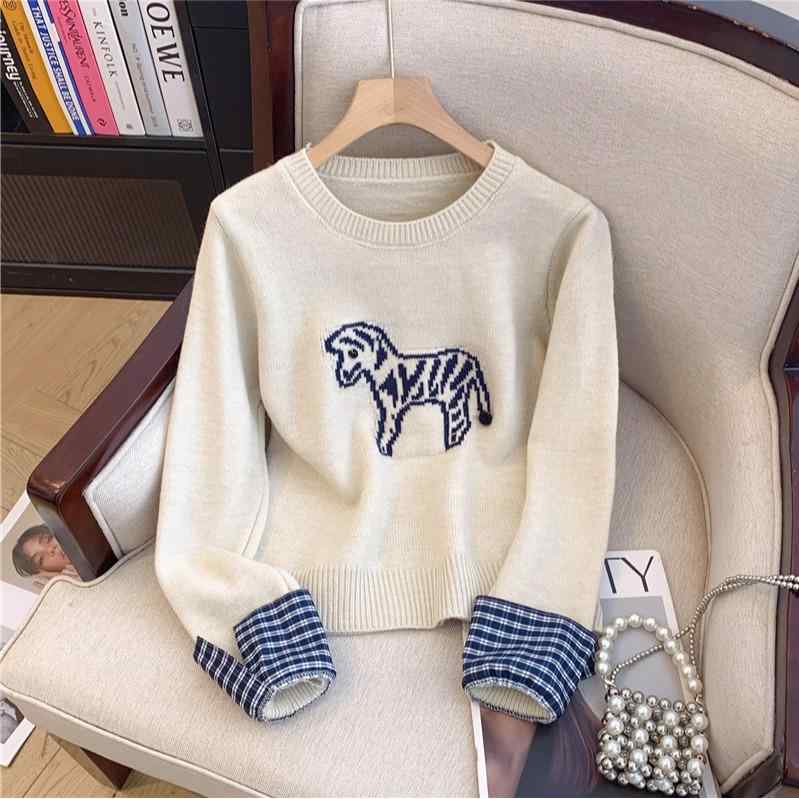 カットソー ロン Tシャツ ワッペン 女性 レディース 半袖 長袖 ファッション 韓国 ポニー 刺繍入り プルオーバー セーター 秋冬 シック ニット 赤 紺 グレー