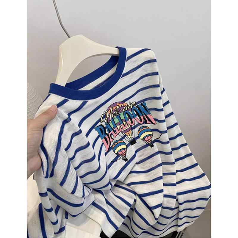 カットソー ロン Tシャツ ワッペン 女性 レディース 半袖 長袖 ファッション 夏 ラウンドネック ゆったり ストライプ 春 プルオーバー セーター クール トップ ボーダー ブルー