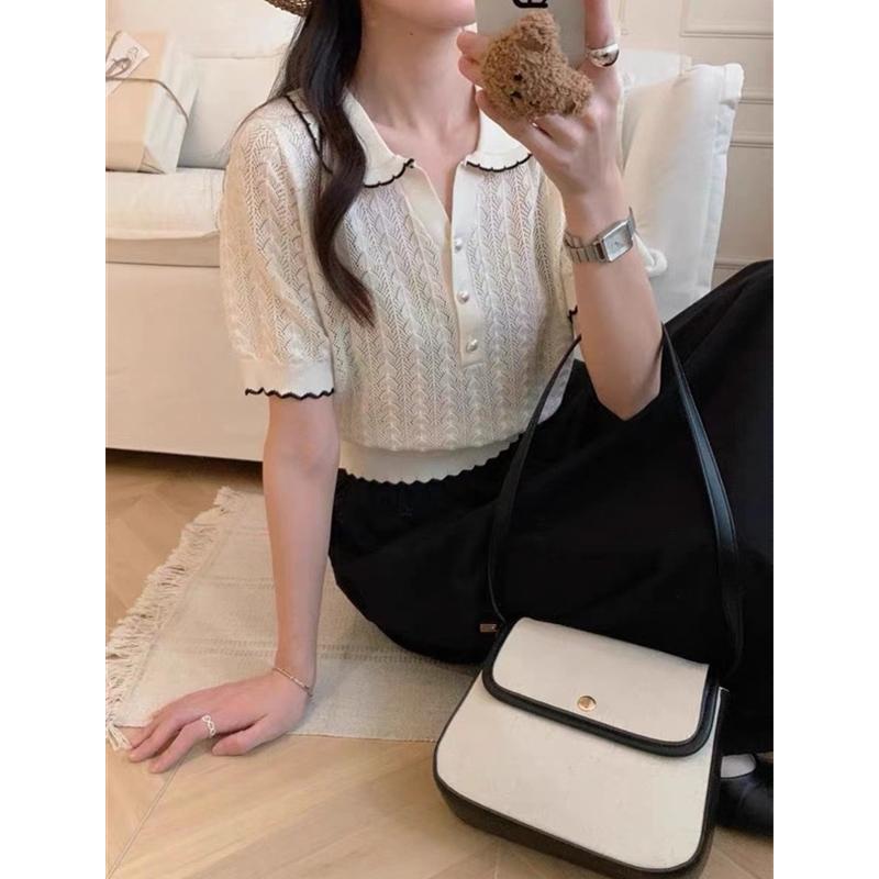 カットソー ロン Tシャツ ワッペン 女性 レディース 半袖 長袖 ファッション 夏 薄手 ドール カラー 韓国 ニット ウール ホワイト ベージュ ピンク