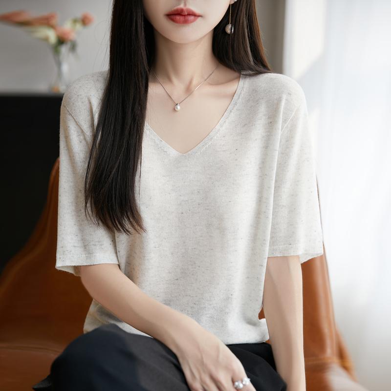 カットソー ロン Tシャツ ワッペン 女性 レディース 半袖 長袖 ファッション 夏 スタイリッシュ Vネック ニット 薄手 セーター インナー ゆったり 韓国 ブルー グレー