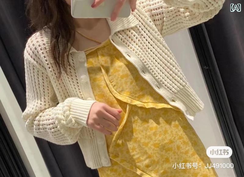 プルオーバー 長袖 異素材 重ね着 透け感 薄手 透け 無地 レイヤード インナー レデイーズ シンプル カジュアル オールシーズン Baozhen SL @ Y 23 春夏 透かし 編み ショート 丈 シングルブレスト ニットカーディガン レディース 1540