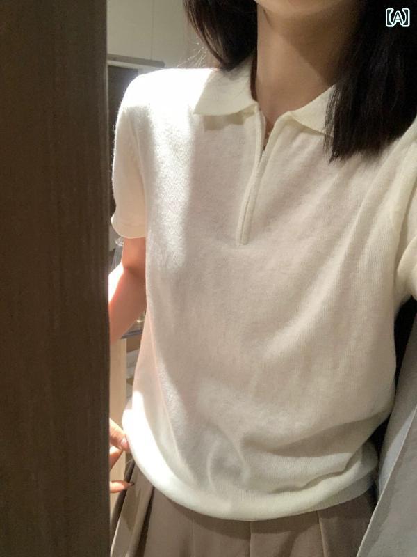 カットソー ワッフル Tシャツ ゆったり シンプル カラー カジュアル おしゃれ 綺麗 トップ アメリカン フィットネス レディース メンズ 韓国 優しい の クールな ジッパー 半袖 ニット ポロシャツ レディース 春夏 シンプル プルオーバー T