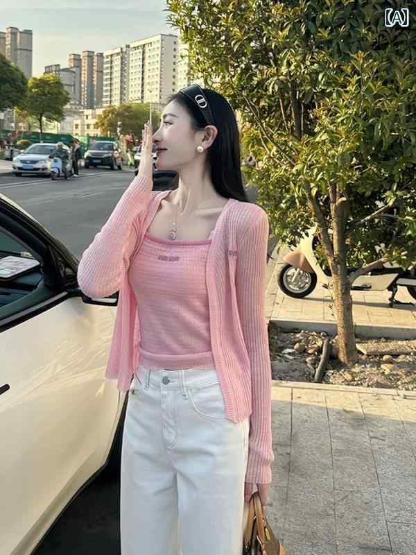 2025 ニット セーター ツーピース セット 日焼け防止 万能 冷感 トップ 女性 夏 スリング カーディガンな 小 翔