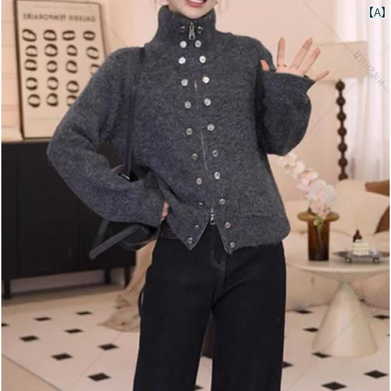 春 ユニークな ハイネック ダブル ジッパー セーター ジャケット 大きいサイズレディース 服 太 mm 薄 体型カバー ニットカーディガン