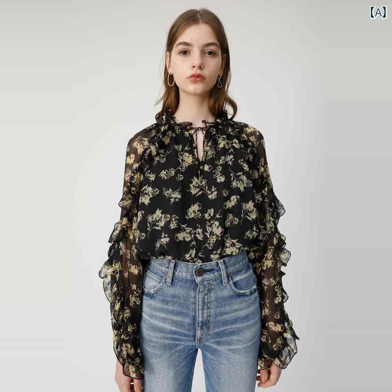 MOUSSY 花柄 シフォンシャツ 長袖 シャツ 田園 風 フリル トップス レディース 春秋 028 GAH 30  6130