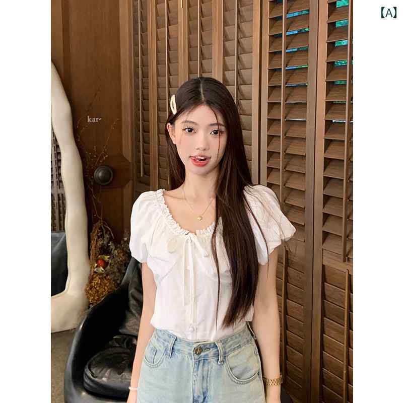 フリルレース Vネック パフスリーブ スリムフィット ショート 丈 ベビー ドール トップスが 特徴の レディース 夏用 ホワイト シャツ｜バランスケア　店