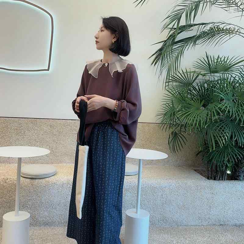韓国 東大門 レディース 秋冬 スウィート スリム プリーツ フリル ベビー カラー 七分袖 シフォンシャツ｜バランスケア　店