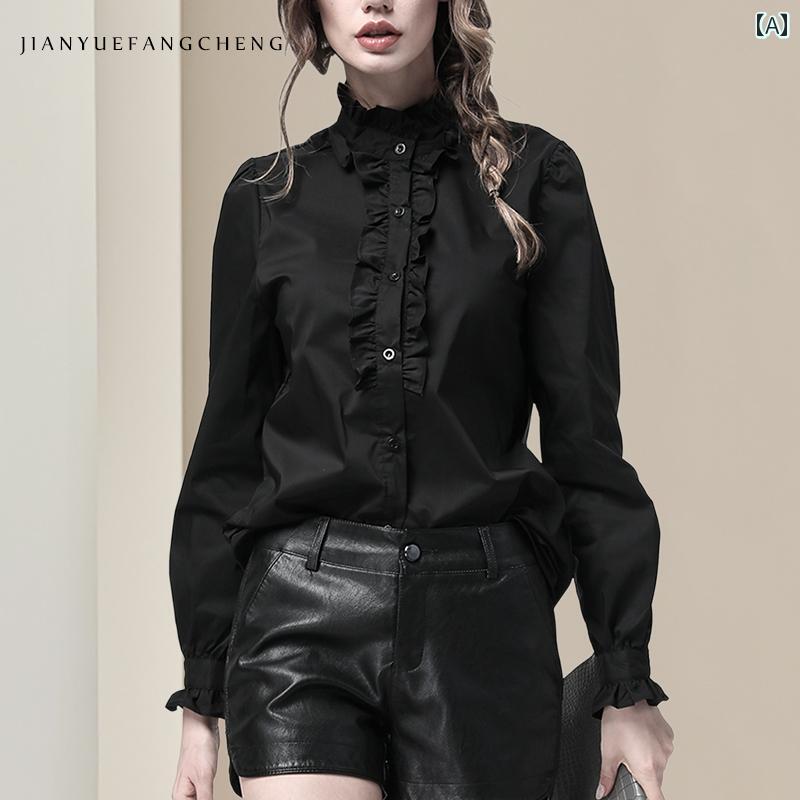 の 商品の 春の 黒の フリル 襟 シャツ レディース 長袖 OL 専門の レイヤリング シャツ シャツ ウエスト シック トップス｜バランスケア　店