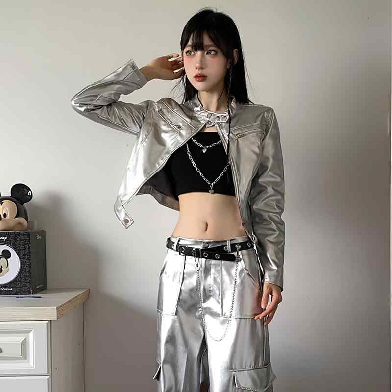 ヒップ ホップ パフォーマンス 衣類 ホット ガール シルバー 長袖 ショート ジャケット オーバーオール ファッション