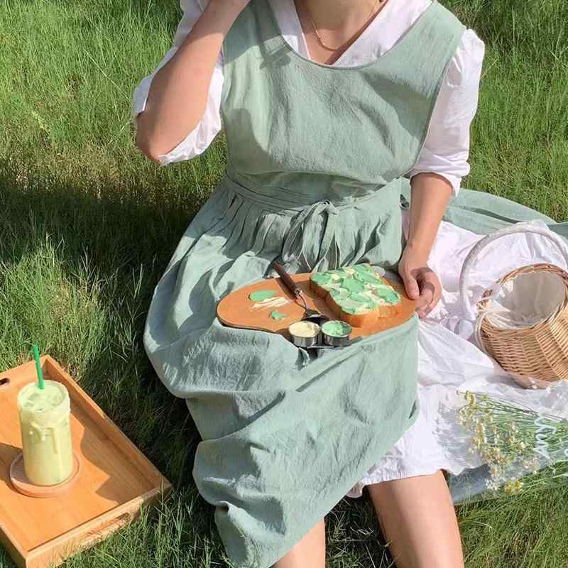 エプロン かわいい 和風 韓国 シンプル コットン リネン レトロ 花屋 作業服 ノースリーブ フリーサイズ