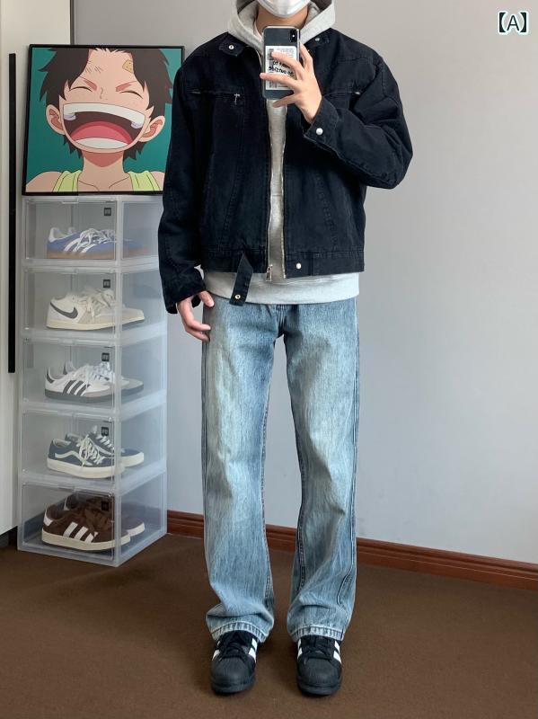 レトロ ストレート レッグ ブーツカット パンツ ウォッシュ デニム ジーンズ アメリカン カジュアル おしゃれ お出かけ ファッション シンプル ストリート ブルー