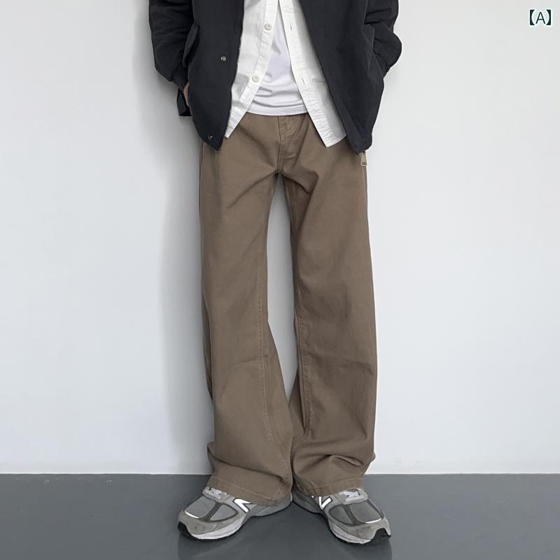 レトロ ストレート レッグ パンツ ウォッシュ デニム ジーンズ メンズ ゆったり アメリカン カジュアル おしゃれ お出かけ ファッション シンプル ストリート 万能 カーキ アプリコット