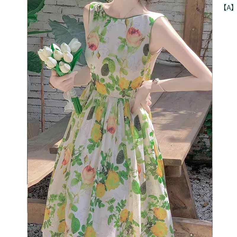 レディース ふんわり ワンピース 無袖 ロング丈 ティアード ガーリー ウエストと 高級 感の ある フレンチ 夏の 女性用 グリーン 花柄 ドレス。 小柄な 旅行や 休暇に ぴったりの ノースリーブベスト｜バランスケア　店