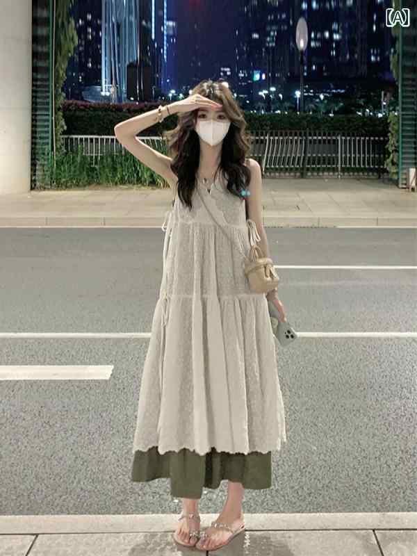 レディース ふんわり ワンピース 無袖 ロング丈 ティアード ガーリー 夏の 森 ゆったり スリムの レイ ヤード サスペンダー ロング スカートの レディース 洋 ナシ型の ボディ ヘビー 刺繍 ベスト ドレス