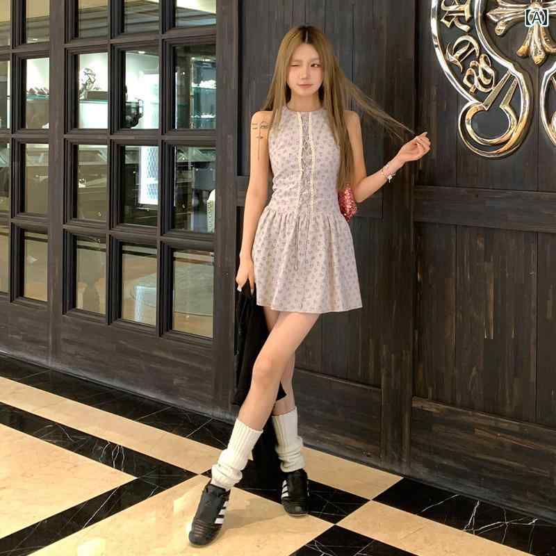 レディース ふんわり ワンピース 無袖 ロング丈 ティアード ガーリー 紫色の 花柄の フランスの 美しい ユニークな ノースリーブドレス 夏の 女性用 小柄な ショート ウエスト ベスト ドレス