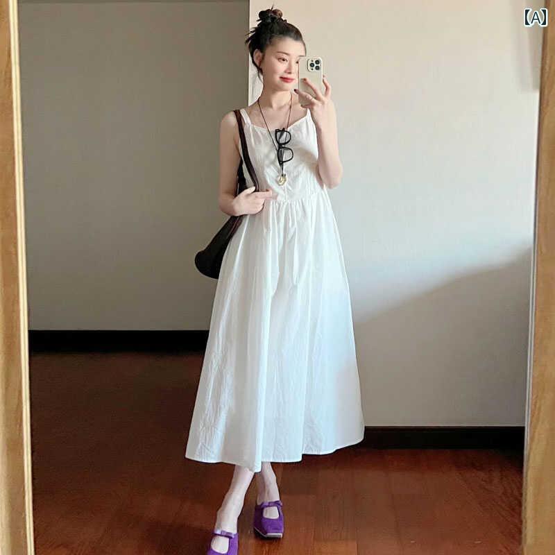 レディース ふんわり ワンピース 無袖 ロング丈 ティアード ガーリー レディース 夏 ホワイト キャミソールワンピース ウエスト スリム レトロ 2024 初恋 通勤 休日 ロング ワンピース｜バランスケア　店