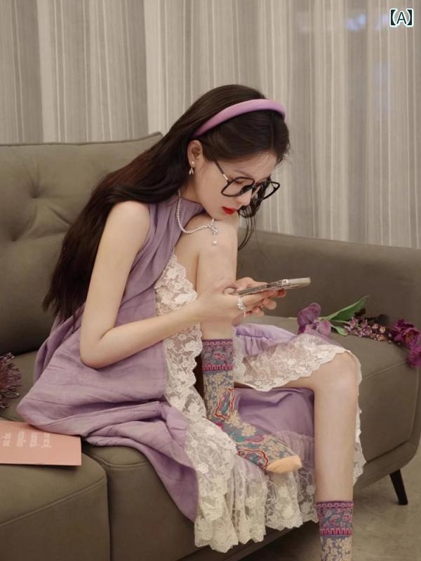 レディース ふんわり ワンピース 無袖 ロング丈 ティアード ガーリー フレンチ パープル ノースリーブベスト ドレス 女性用 2025夏 小さめ サイズ レースの スプライシング ハイエンド スカート