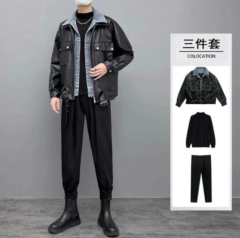 ジャケット ジャンパー セット 春秋冬 カジュアル ファッション 男性用 レザー ストリート アメリカン 上下 ブラック 黒｜バランスケア　店