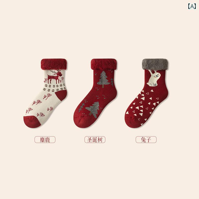 レディース 靴下 暖かい 安眠アーティファクト 秋冬 かわいい クリスマス ベルベット ミドル もこもこ スリープ 赤