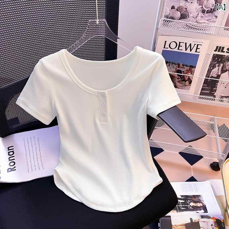 カウンターや は 夏の ホット ガールの 不規則な 短い スリム トップスの レディース 大きい 名前の 婦人服 ストレート ショルダー 半袖 Tシャツを 撤退 します