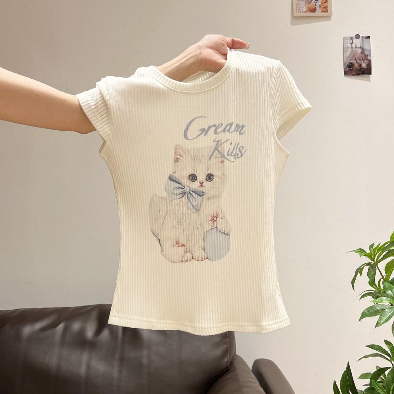 半袖 Tシャツ ストレッチ 夏 サマー 涼しい 爽やか カジュアル ファッション オシャレ かわいい 猫 プリント ラウンドネック ストレート ショルダー スリムフィット