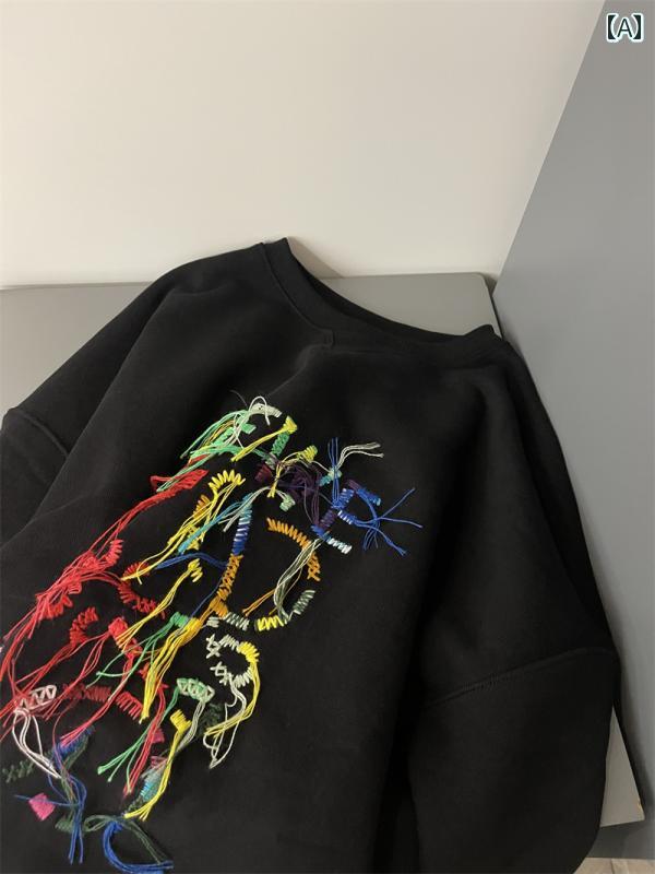 トレーナー レディース 女性 秋冬 ラウンドネック スウェットシャツ 刺繍 ストレート 綿 コットン ブラック