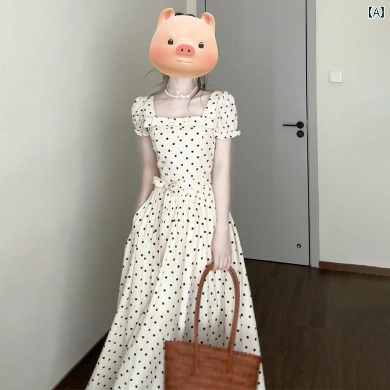 ティアードワンピース パフスリーブ 長袖 半袖 ドット柄 バンドカラー 揺れる レディース ゆったり 体型カバー おすすめ 2025春夏 【lswp30253a】【&予約：7月1入荷予定順次発送】メ込3 高級 フレンチスクエア ネック 水玉 ワンピース 女性用 夏 2025年 着 ウエスト ロング