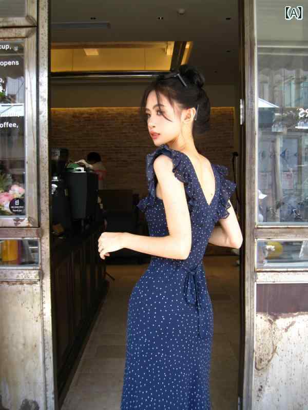 ワンピース 半袖 ロングワンピース 小さい フライング スリーブ ドットの フリル サスペンダー ドレス レディース サマー ティーブレイク フレンチ ウエスト ヒップ スカート 花柄 ロング|バランスケア 店