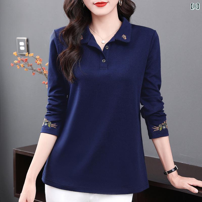 襟付きｔシャツレディース 綿 コットン 女性用 おしゃれ 綺麗 かわいい カジュアル トップス ポロシャツ 2024年 作業服 長袖 ブルー ブラック