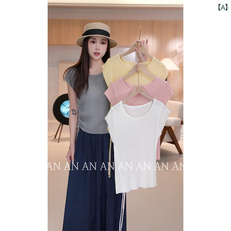 シルエット トップス ゆったり 抜け感 畦編み レイヤード 肩掛け グレー 白 シンプル きれいめ 上品 レディース 春 アンナン 色 シンプル なの 半袖 リブ ドローストリング ニット セーター トップ