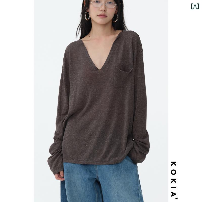 シルエット トップス ゆったり 抜け感 畦編み レイヤード 肩掛け グレー 白 シンプル きれいめ 上品 レディース 春 KOKIA スポット リヨセル 繊維 リネン 混紡 カジュアル ドロップ ショルダー シルエット ロールエッジ ポケット ニット ロングスリーブ