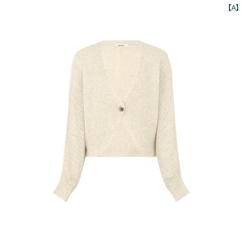 シルエット トップス ゆったり 抜け感 畦編み レイヤード 肩掛け グレー 白 シンプル きれいめ 上品 レディース 春 MEIYANG リトル スワロー カーディガン リネン ブレンド | Vネック ショート ニット ジャケット